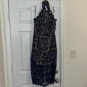 Blue/Beige Lulus High Neck Backless Midi Dress Size L